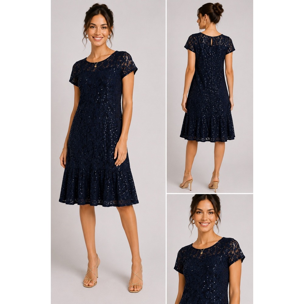 SLNY Navy Blue Sequin Lace Lined Cocktail Dress 6 Wedding Mother of Bride Party